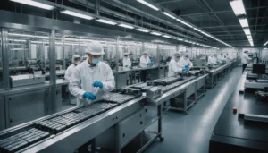 A high-tech lithium-ion battery manufacturing plant with automated assembly lines and robotic arms.