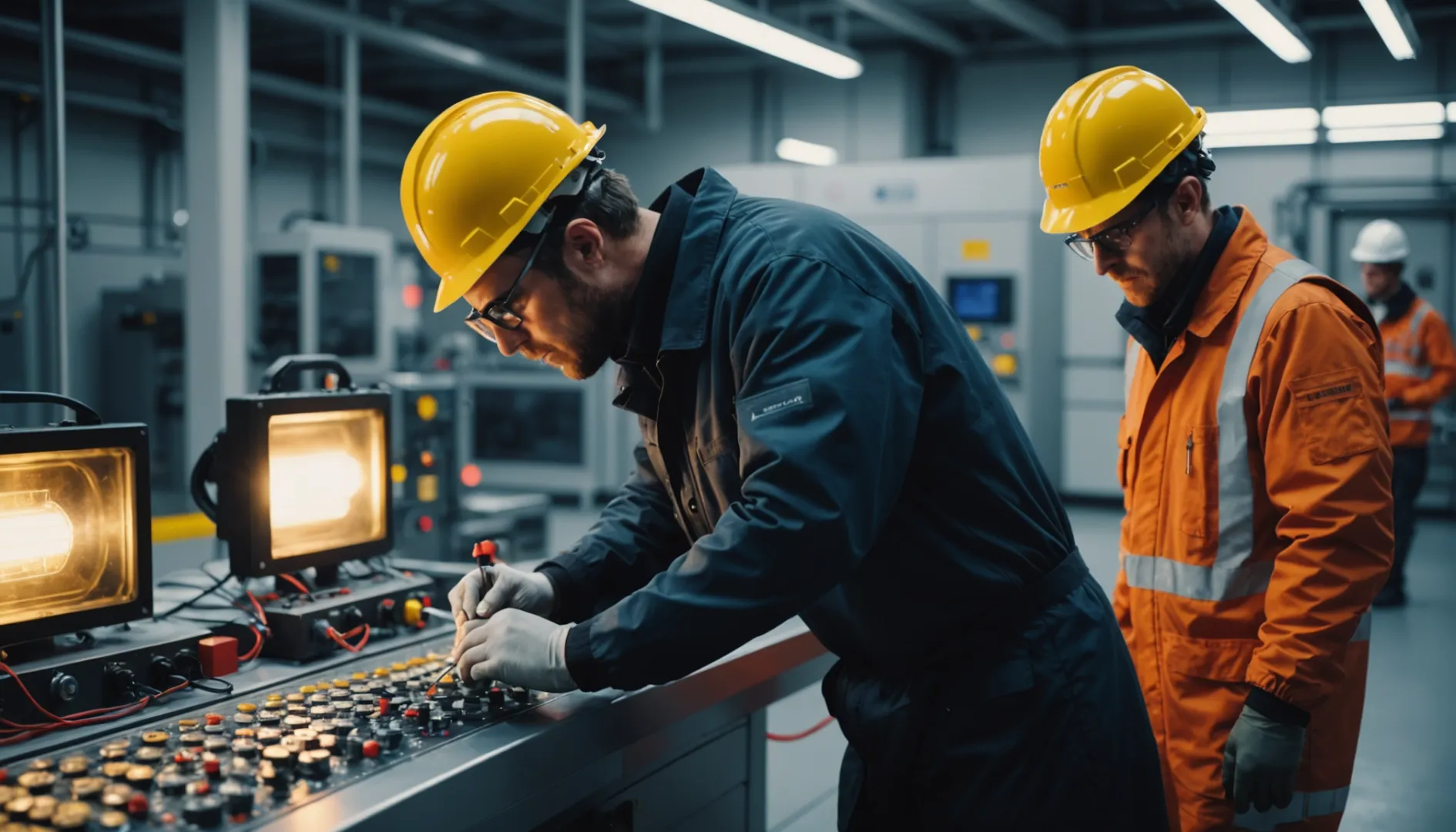 Technicians testing lithium-ion batteries in a modern facility