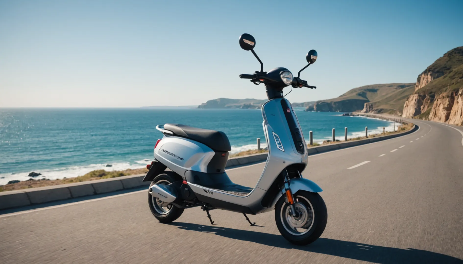 Modern electric scooter cruising along a scenic coastal road