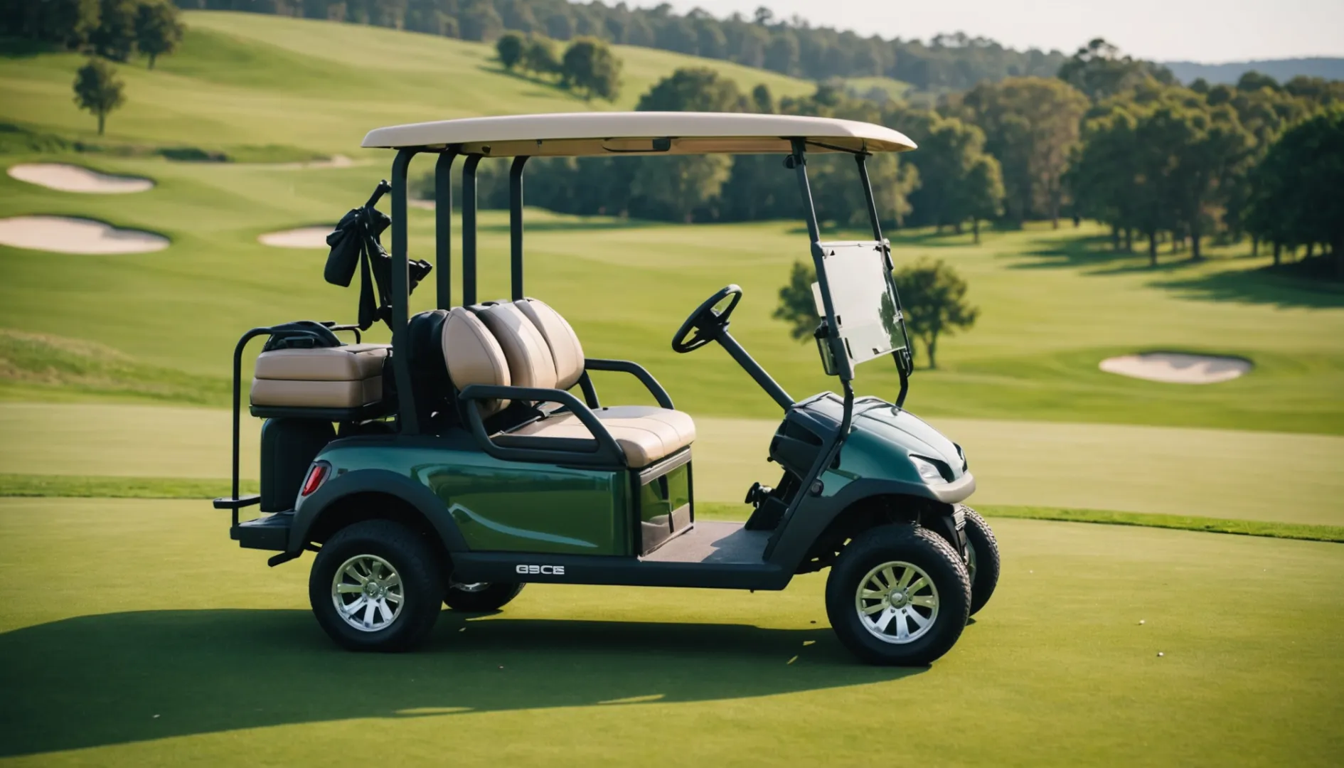 A sleek modern golf cart on a lush green golf course with rolling hills.