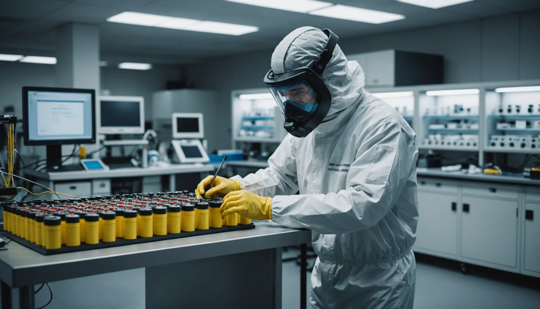 Technician in protective gear testing lithium batteries in a modern lab