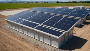 LiFePO4 battery system with solar panels in an open field