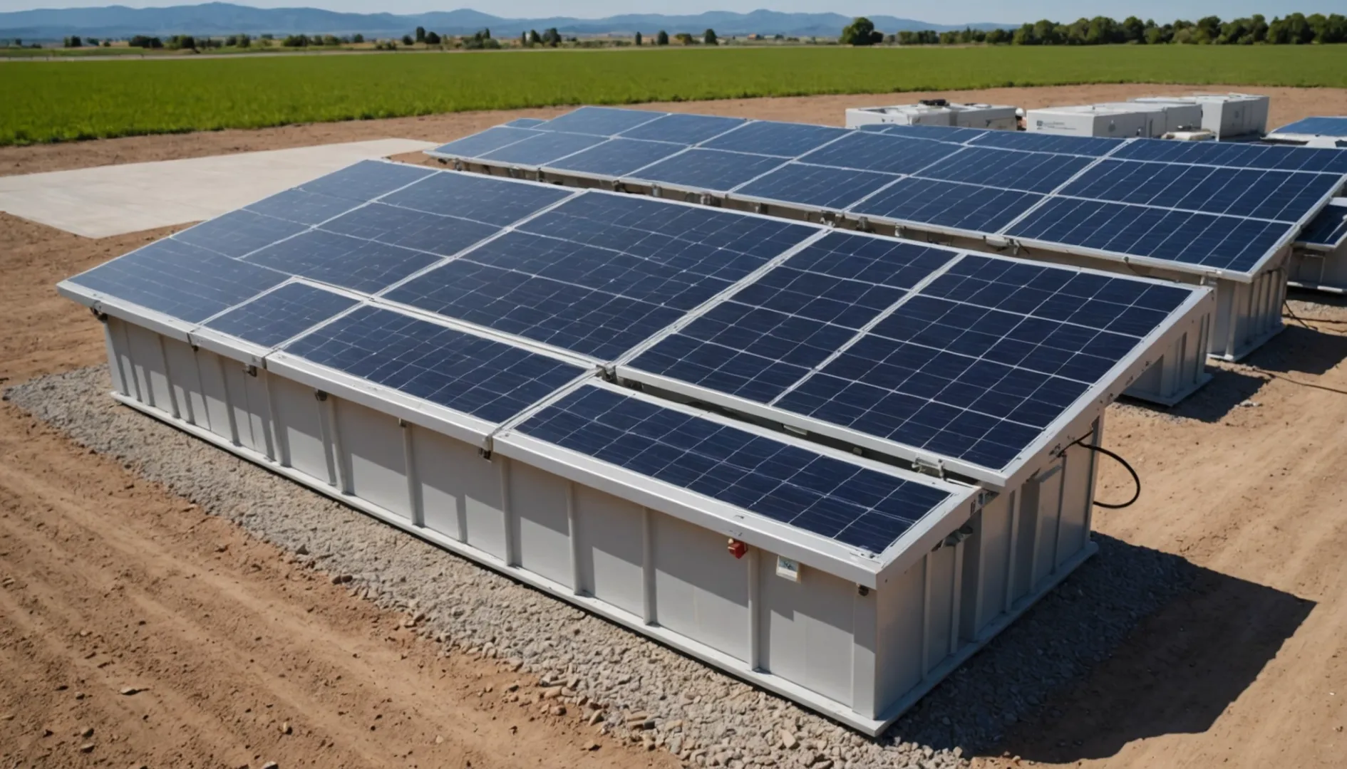 LiFePO4 battery system with solar panels in an open field