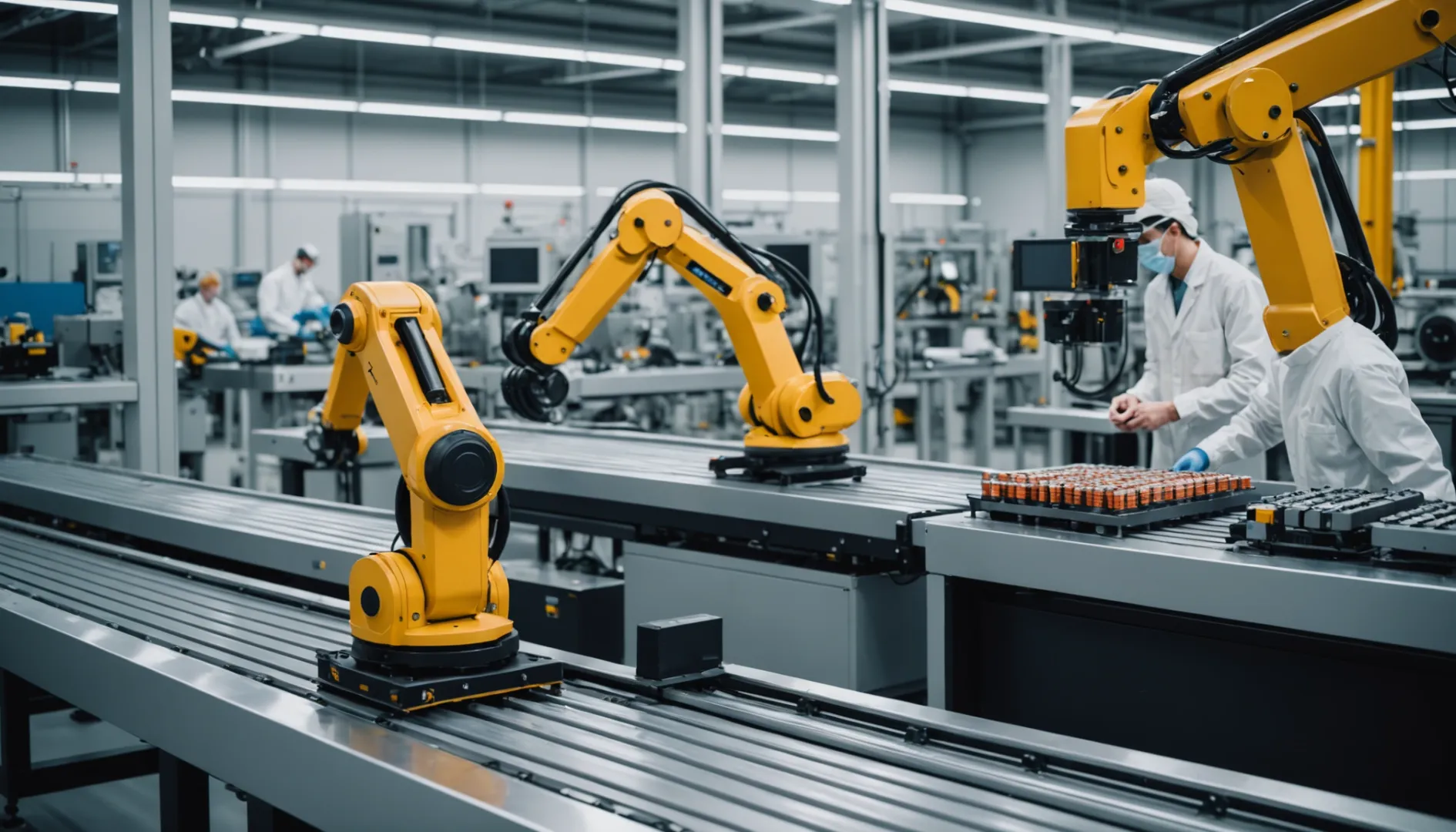 Workers and robotic arms in a modern lithium-ion battery facility