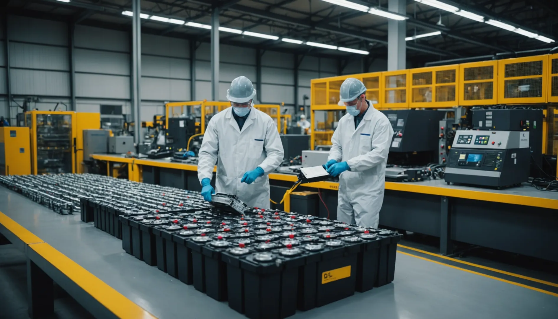Technicians in safety gear operating advanced machinery at a lithium-ion battery recycling facility