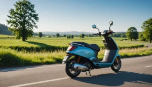 Modern motor scooter with lithium battery on a scenic road