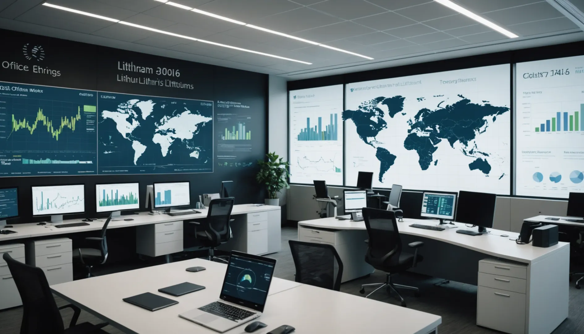 Modern office with professionals discussing lithium market data on a large digital screen.