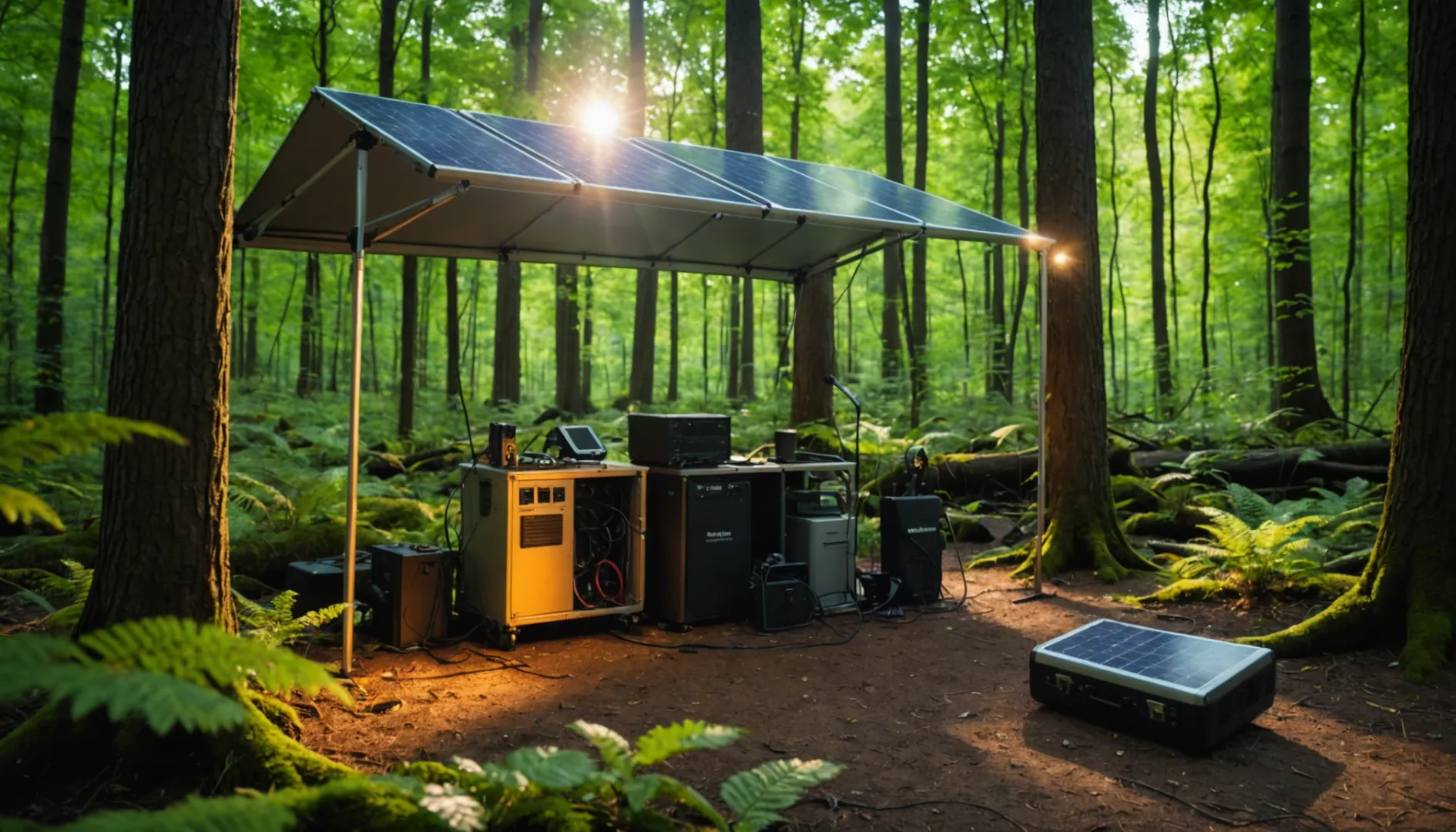Portable power station at a forest campsite with solar panels