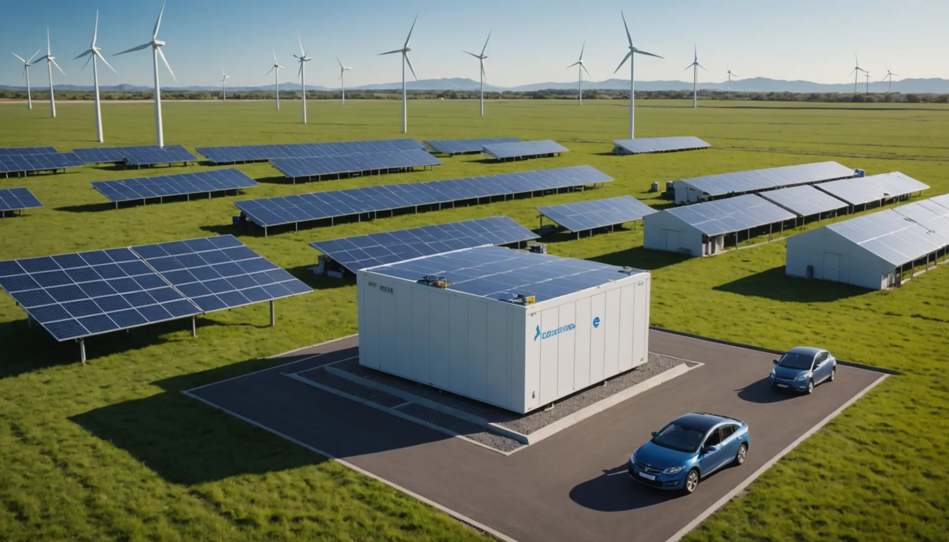 Lithium-ion battery surrounded by solar panels and wind turbines