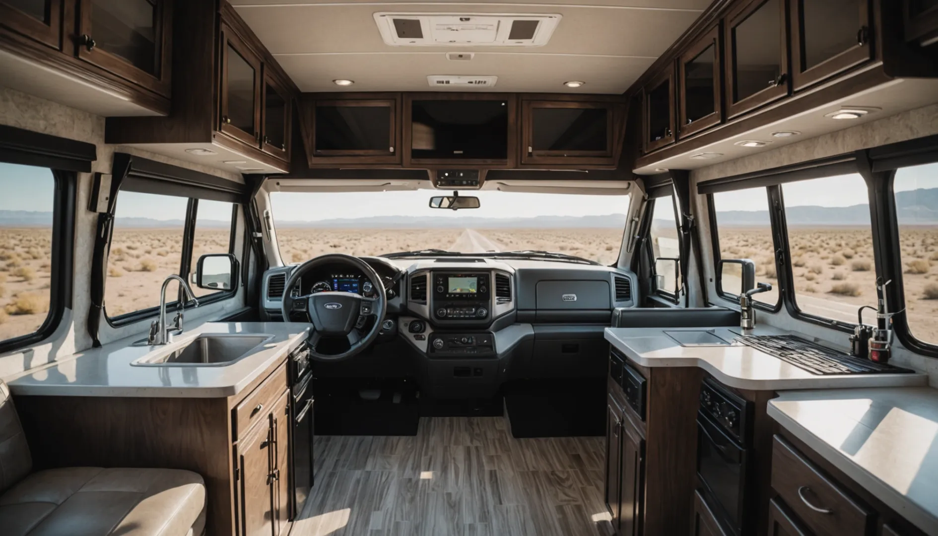 Interior view of an RV with a modern lithium-ion battery setup.
