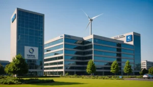 Tata Power office building with renewable energy symbols overlay