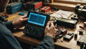 Technician examining a LiFePO4 battery at a cluttered workbench