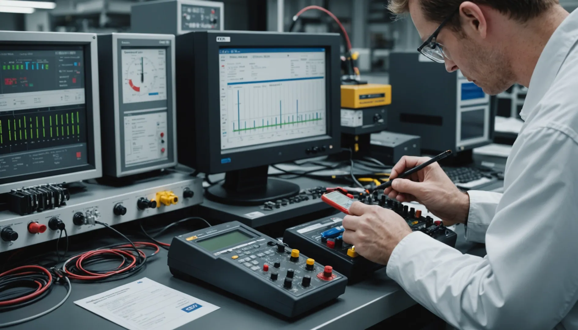 Technician inspecting battery in industrial lab with datasheet and equipment