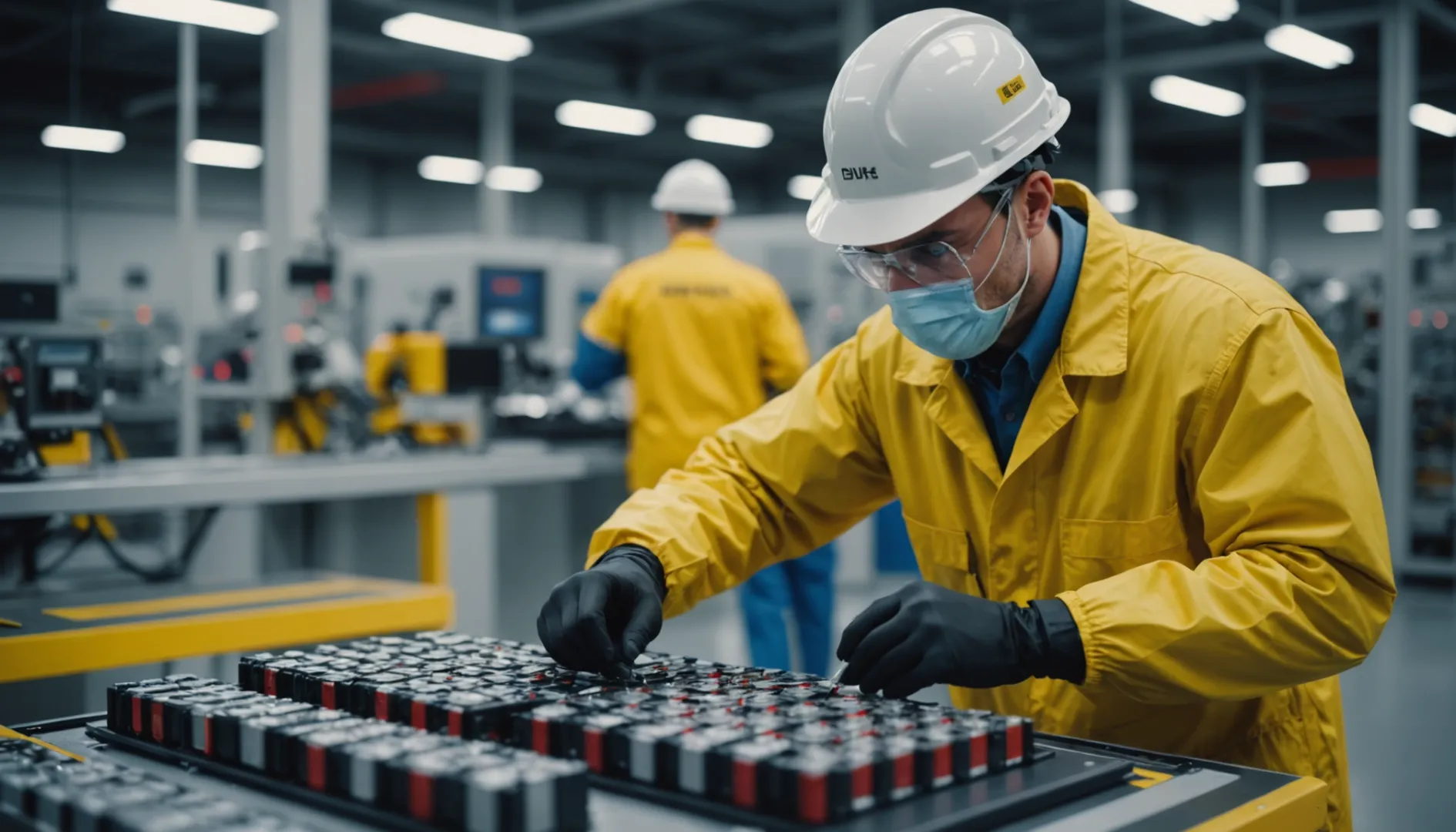 Technician inspecting a lithium polymer battery in a high-tech facility